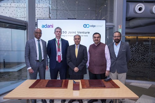(Left to Right) Jeyakumar Janakaraj, CEO, AdaniConneX; Edmund Wilson, COO & Co-Founder, EdgeConneX; Anil Sardana, MD & CEO, ATL, MD - Thermal Power; Gautam Adani, Chairman, Adani Group; Sudipta Bhattacharya, CEO, Adani Group North America, and CTO, Adani Group