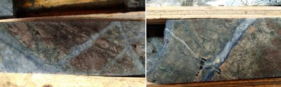 Figure 1. Mineralized drill core from hole S20-220. Left: moderate biotite hornfels cut by stockwork quartz-chalcopyrite-molybdenite veins. Right: molybdenite rich quartz veins with bleached sericite altered halos cutting maroon biotite hornfels.