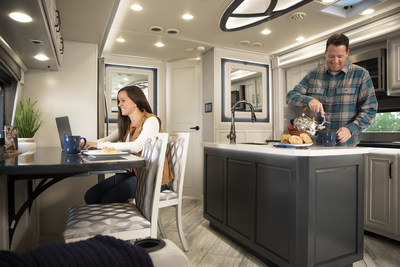 The Discovery LXE 36HQ Anniversary Edition model from Fleetwood RV has a unique layout that features one of the industry's first kitchen islands in a Class A motorhome.