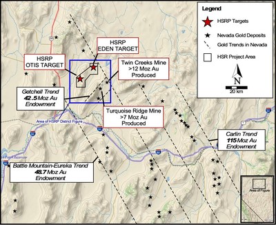 Figure 1. Plan view map of north-central Nevada and the major gold trends and associated deposit locations. The Hot Springs Range Project is located at the northern portion of the Battle Mountain-Eureka Trend and shares a similar oblique orientation as the nearby Getchell Trend. The blue box denotes the location of Fig. 2. (CNW Group/Eminent Gold Corp.)