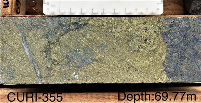ADZN - El Domo Drill Hole CURI-355: 2.92 metres of 17.93% copper, 6.52 g/t gold, 42.72% zinc, 287.5 g/t silver, 0.03% lead (39.12% copper equivalent) (CNW Group/Adventus Mining Corporation)