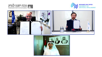 H.E. Dr. Sultan Ahmed Al Jaber, UAE Minister of Industry and Advanced Technology and Chairman of the MBZUAI Board of Trustees, Professor Eric Xing, President of MBZUAI, and Professor Alon Chen, President of Weizmann Institute of Science.