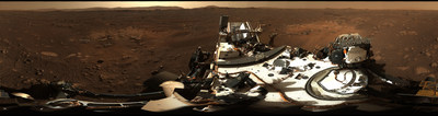 This is the first 360-degree panorama taken by Mastcam-Z, a zoomable pair of cameras aboard NASA’s Perseverance Mars rover. The panorama was stitched together on Earth from 142 individual images taken on Sol 3, the third Martian day of the mission (Feb. 21, 2021). Credits: NASA/JPL-Caltech/MSSS/ASU