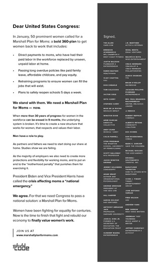 Prominent Male Allies Run Full Page Ad in the Washington Post Calling on Congress to Support the Marshall Plan for Moms