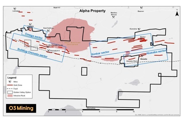 Figure 1 : Carte de la proprit Alpha (Groupe CNW/O3 Mining Inc.)