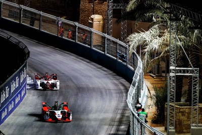 Formula E drivers light up the streets as part of the inaugural all-electric night race for Diriyah E-Prix, the first motor sporting event to attempt and successfully use high performance, sustainable and fully renewable LED lighting technologies