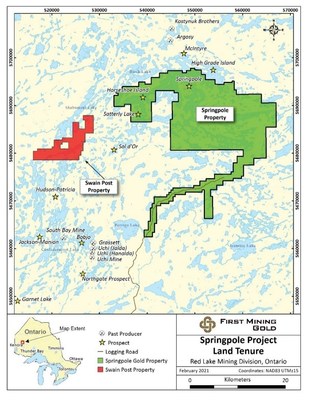 Plan map showing the Swain Post Property and the Springpole Gold Project (CNW Group/First Mining Gold Corp.)