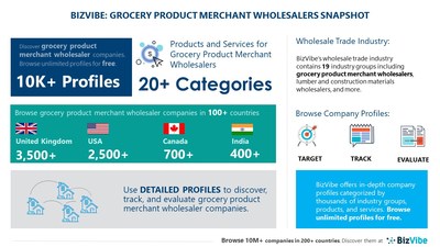 Snapshot of BizVibe's grocery product merchant wholesalers industry group and product categories.