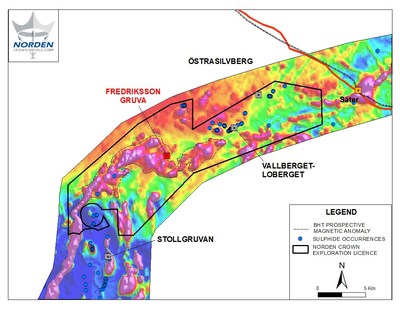 Figure 2. The location of the Fredriksson Gruva BHT deposit with the greater ~ 21 kilometre ‎long BHT prospective magnetic anomaly. ‎ (CNW Group/Norden Crown Metals Corp.)