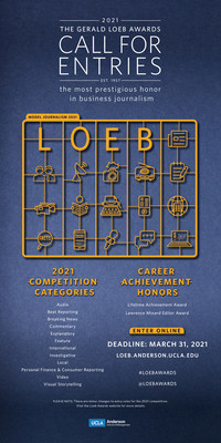 The Gerald Loeb Awards open the 2021 Call for Entries to recognize the best in business journalism. Enter online between March 1 - March 31 at http://bit.ly/loeb2021