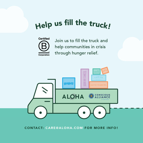 To kick off B Corp Month and commemorate the certification, ALOHA is teaming up with Conscious Alliance, a national nonprofit committed to supporting communities in crisis through hunger relief and youth empowerment.