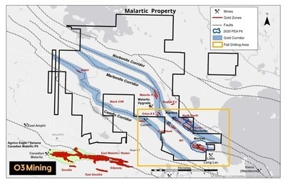 Carte de la propriété Malartic (Groupe CNW/O3 Mining Inc.)