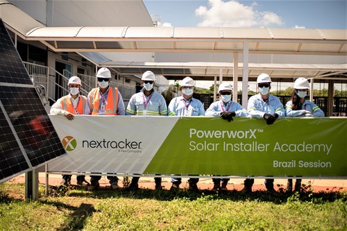 PowerworX Graduating Class of 2021, Brazil EPC Andrade Gutierrez attends Nextracker's solar installer training. Sorocaba, Sao Paulo, Brazil. Feb. 2021.