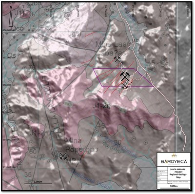 Figure 2. Geological map around the Santa Barbara property (Source: Ingeominas) indicating location of past and currently producing mines, and known veins identified within and in the immediate areas around the Project (red dashed lines). (CNW Group/Baroyeca Gold & Silver Inc.)