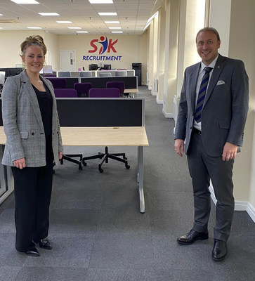 SYK Healthcare Specialists Owner, Gemma Bennett meets PSR Group Managing Director, James Sanders at SYK offices in Keighley, West Yorkshire. (PRNewsfoto/SYK Healthcare Specialists,PSR Group)