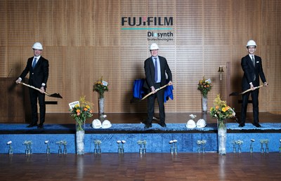 Turning of the soil at FUJIFILM Diosynth Biotechnologies in Denmark to signal the start of the expansion project. From left to right: Henrik Buhl, Head of Engineering and Operations Support, Lars Petersen, Chief Operating Officer and Senior Vice President, FUJIFILM Diosynth Biotechnologies in Denmark, and Keita Hirabayashi, Senior Director, Corporate Office.