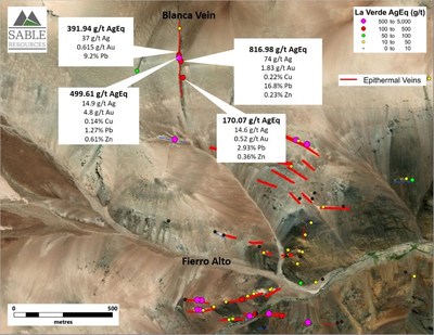 Figure 4. Distribution of AgEq values along the recently discovered Blanca Vein (CNW Group/Sable Resources Ltd.)