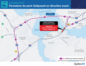 Autoroute 20, dans le secteur du pont Galipeault à L'Île-Perrot - Démantèlement d'une passerelle piétonne temporaire - Entraves de nuit du 9 au 13 mars