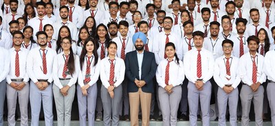 Students of Chandigarh University who have been placed during campus placements along with University Chancellor Satnam Singh Sandhu