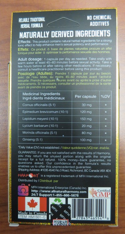 Harmony, back of package (CNW Group/Health Canada)
