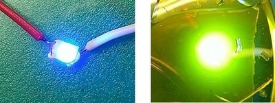 Blue LED (left), White LED with Graphene Quantum Dot + Silica Composite Material (right)