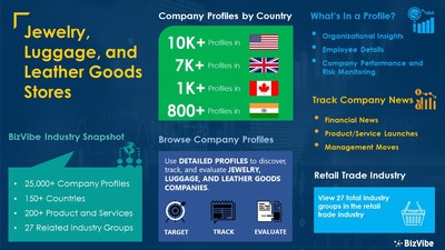 Snapshot of BizVibe's jewelry, luggage, and leather goods industry group and product categories.