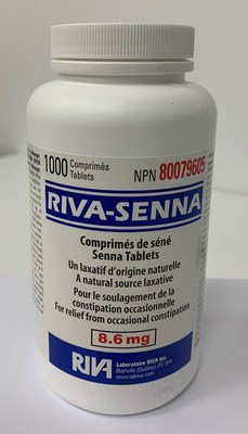 Riva Senna 8.6 mg laxative (NPN 80079605), bottle of 1000 tablets (CNW Group/Health Canada)