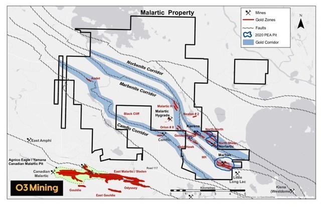 Figure 1: Malartic Property Map (CNW Group/O3 Mining Inc.)