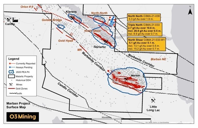 Figure 2 : Carte de forage du projet Marban (Groupe CNW/O3 Mining Inc.)