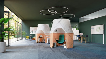 In collaboration with a world-class tent maker, Steelcase designed Work Tents as a collection of novel privacy solutions to limit visual distractions and help people be more productive, but not isolated. Inspired by tents and designed for the office, Work Tents are rooted in the human desire to seek shelter and protection from natural elements. From simple screens to small enclosures, Work Tents utilize tensile building techniques that pair light and airy organic shapes with tent-like and sheer