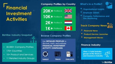 Snapshot of BizVibe's financial investment activities industry group and product categories.