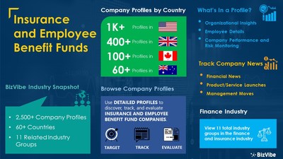 Snapshot of BizVibe's insurance and employee benefit funds industry group and product categories.