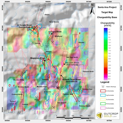 Figure 2: Compilation of targets with five discovered high-grade shoots on Chargeability and DEM base map. (CNW Group/Outcrop Gold Corp.)