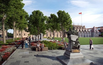 Artistic rendering of the concept for the redevelopment of Place George-V. It shows a portion of the commemorative walkway, with a monument, as well as some of the street furniture installed around the walkway. In the distance, the Voltigeurs de Qubec Armoury can be seen in the background. (CNW Group/Public Services and Procurement Canada)