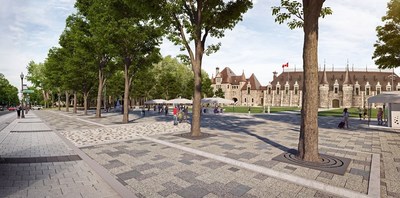 Artistic rendering of the redevelopment concept for Place George-V. It shows part of the plaza, partly grassed and partly paved. The Voltigeurs de Qubec Armoury can be seen in the distance, in the background to the right. (CNW Group/Public Services and Procurement Canada)