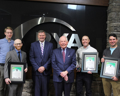 The finalists for the first Tom Ballard Innovation Award stand with PYA's President and CEO Marty Brown, center left, and Chief Alliance Officer Tom Ballard, center right. From left, Spencer Abbott and Justin Nussbaum of Ascend Manufacturing, third-place winners, Dan Close of 490 BioTech, the first-prize winner, and Don DeRosa of Eonix LLC, the second-place winner.