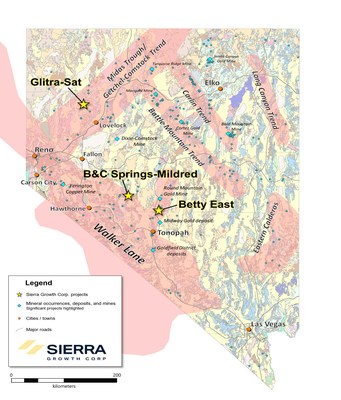 Figure 1. Simplified geologic map of Nevada, showing broad mineralized corridors and locations of the Betty East, Glitra/Satellite and BC Springs/Mildred properties (CNW Group/Sierra Growth Corp.)
