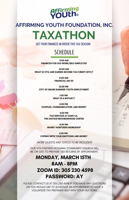 Affirming Youth Foundation, Inc to Host 12- hour Taxathon on March 15th,  Online! Zoom ID: 305 230 4598 | PW: AY