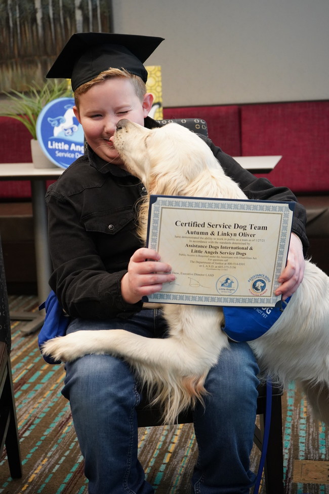 Linkyn is the recipient of a Little Angels Service Dog, Autumn. Each Little Angels Service Dog goes through a three-phase training course before they are ready to service someone with a disability and help regain their independence.