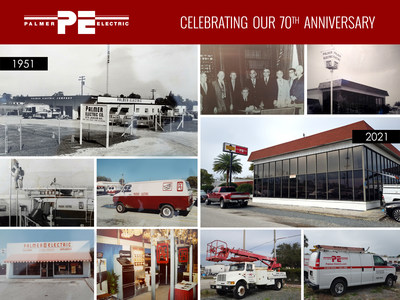 Palmer Electric Company celebrates 70 years in business. Left column images show the original 1951 headquarters on Jackson Avenue in Winter Park, FL, as well as vintage images of electricians at work, the Palmer Electric van, the Kissimmee storefront, and the lighting showroom. Right column images show Palmer Electric founders, the current headquarters at the same location, and a current Palmer Electric truck and van.