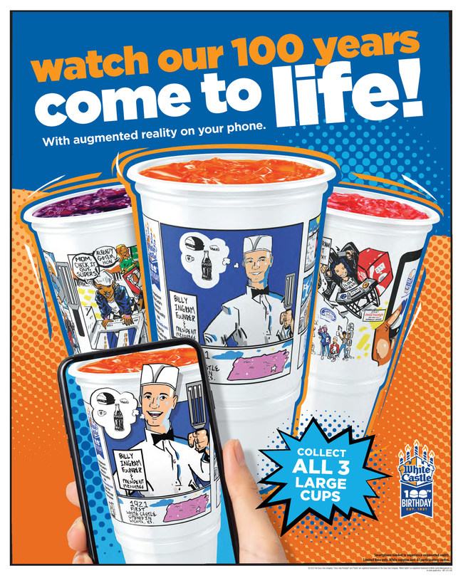 White Castle, in collaboration with Coca-Cola, has introduced a set of three collectible augmented reality soft drink cups to commemorate its 100th birthday and 100-year partnership with Coca-Cola. Designed by Columbus, Ohio, artist Bryan Moss, the cups come alive with sound and motion when viewed through a smartphone.