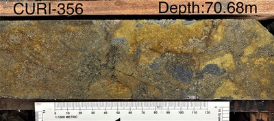 ADZN (tsxv), ADVZF (otcqx): Drill Hole (CURI-356) - 3.79 metres of 12.05% copper, 3.67 g/t gold, 8.90% zinc, 67.9 g/t silver, and 0.09% lead for 17.73% copper equivalent (see March 16, 2021 News Release) (CNW Group/Adventus Mining Corporation)