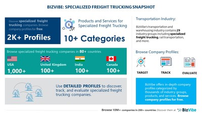 Snapshot of BizVibe's specialized freight trucking industry group and product categories.