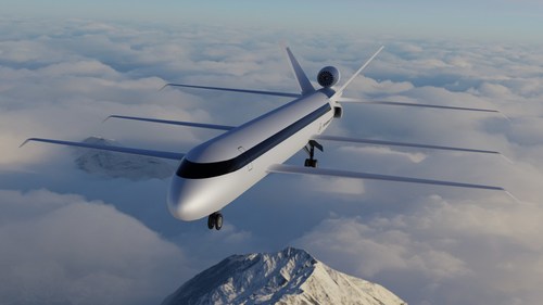 SE Aeronautics' new super-efficient mid-market airliner concept, the SE200, carrying up to 264 passengers with a range of 10,560 miles and reducing CO2 production as measured by per seat kilometer by 80%.