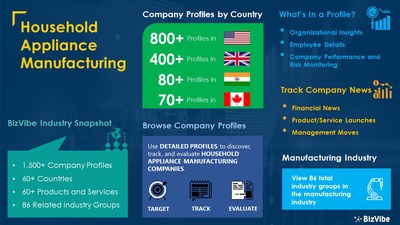 Snapshot of BizVibe's household appliance manufacturing industry group and product categories.