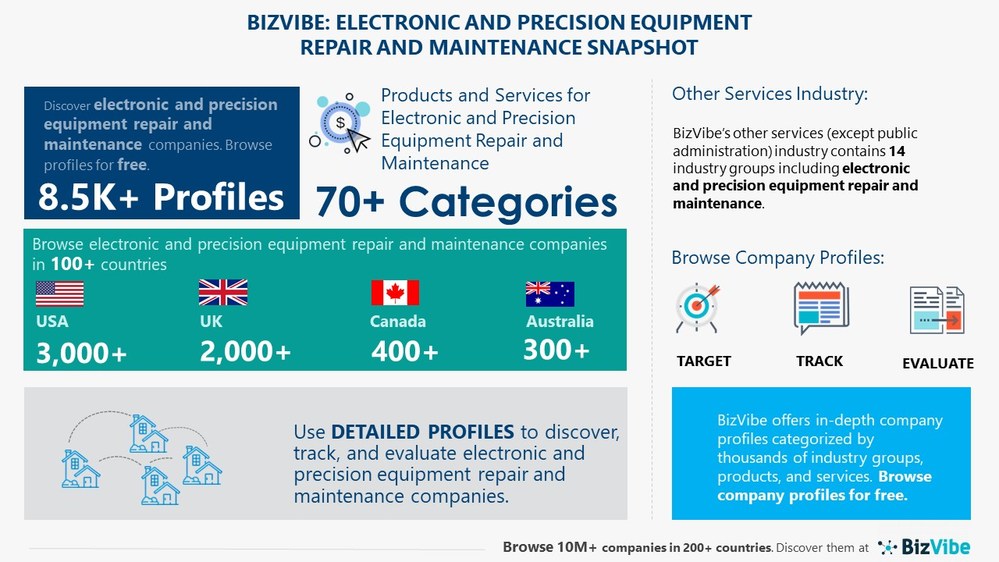Snapshot of BizVibe's electronic and precision equipment repair and maintenance industry group and product categories.