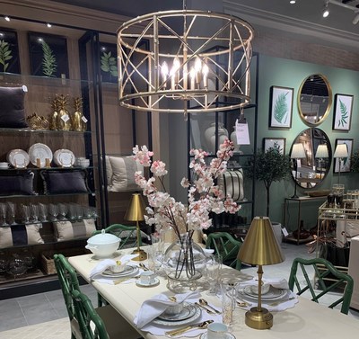 Figure 1 Ballard Designs dining room floor set for Houston store opening with spring 2021 Home Furniture & Decor product selection. The new retail store is now open in River Oaks!