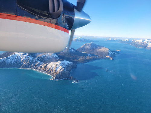 NRL's Scientific Development Squadron (VXS) 1 and Ocean Sciences Division researchers onboard the UV-18 Twin Otter fly over the Chugach Islands Jan. 31 to determine ocean bubble fields using the NRL lidar and multiwavelength camera. (U.S. Navy photo by Lt. Alex Christie)