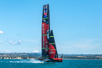 Emirates Team New Zealand’s yacht “Te Rehutai” flies just above the water. Photo courtesy of Emirates Team New Zealand.