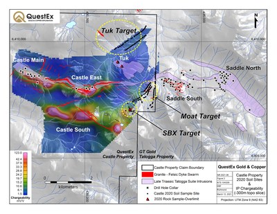 Figure 2 - The Castle-Saddle Trend and continuity of mineralized features between GT Gold's Tatogga property and QuestEx Gold & Copper's Castle Property. (CNW Group/QuestEx Gold & Copper Ltd.)